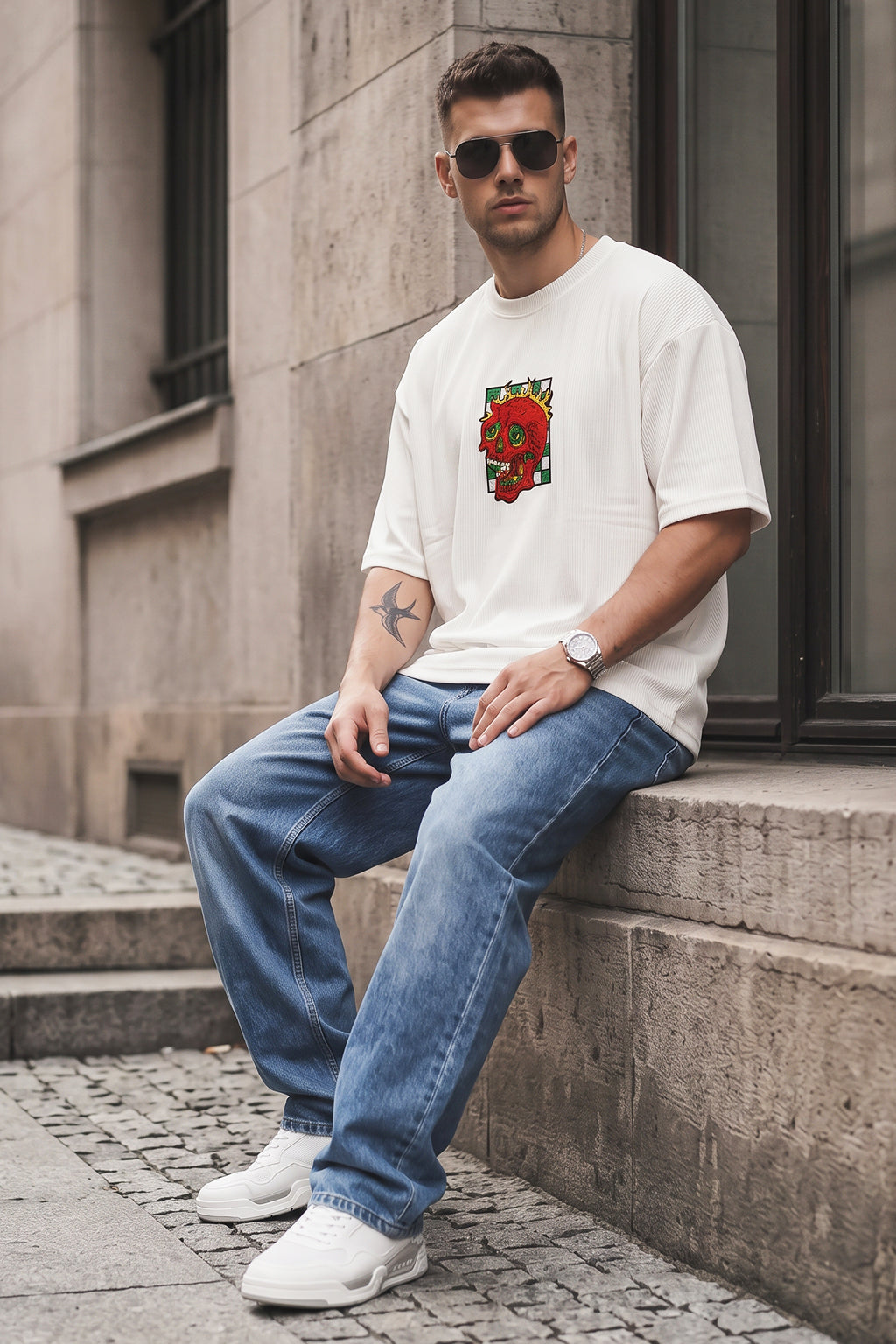 Fire Skull White Oversized Textured T-shirt