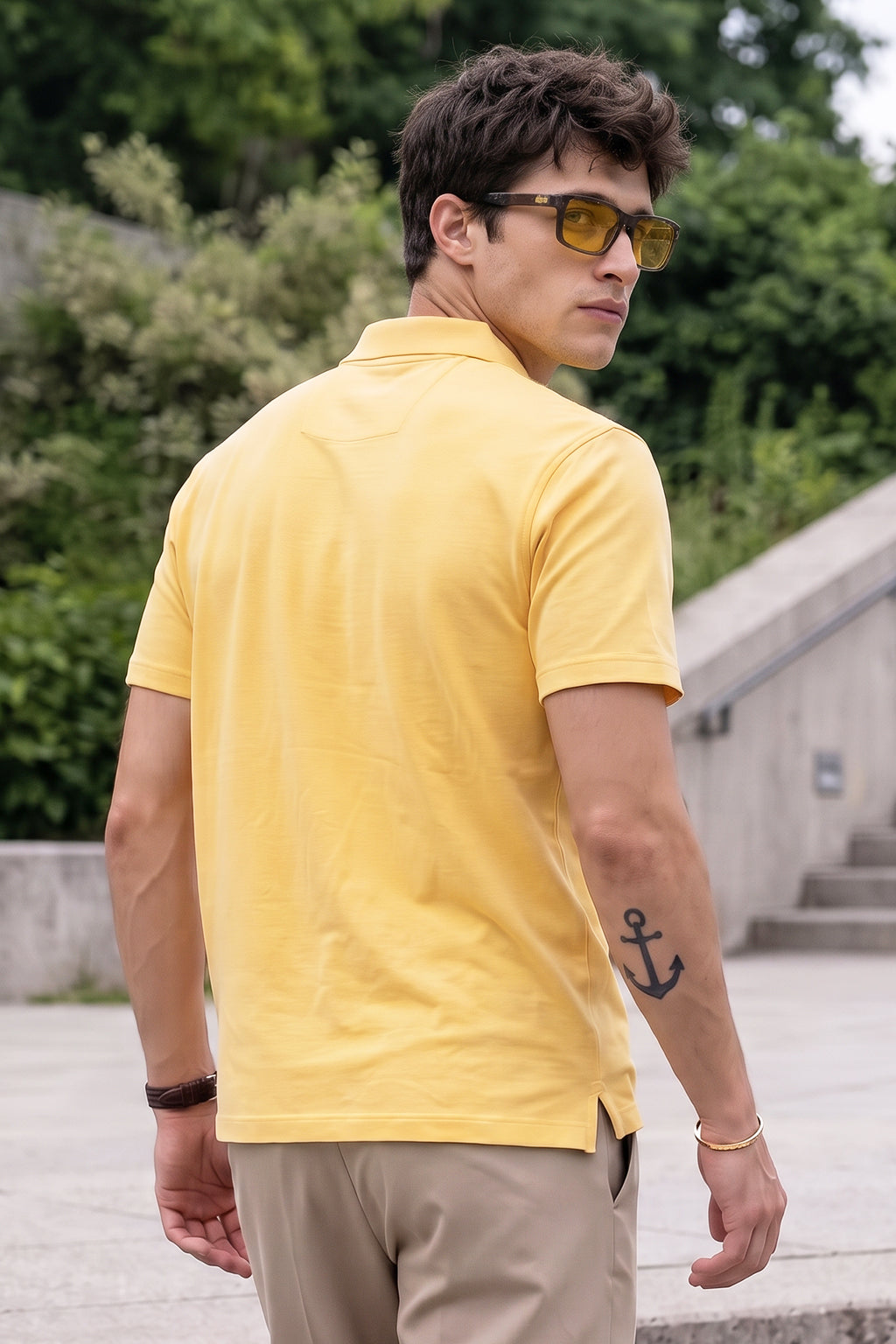 Yellow Interlock Plain Regular Fit Button Polo T-shirt