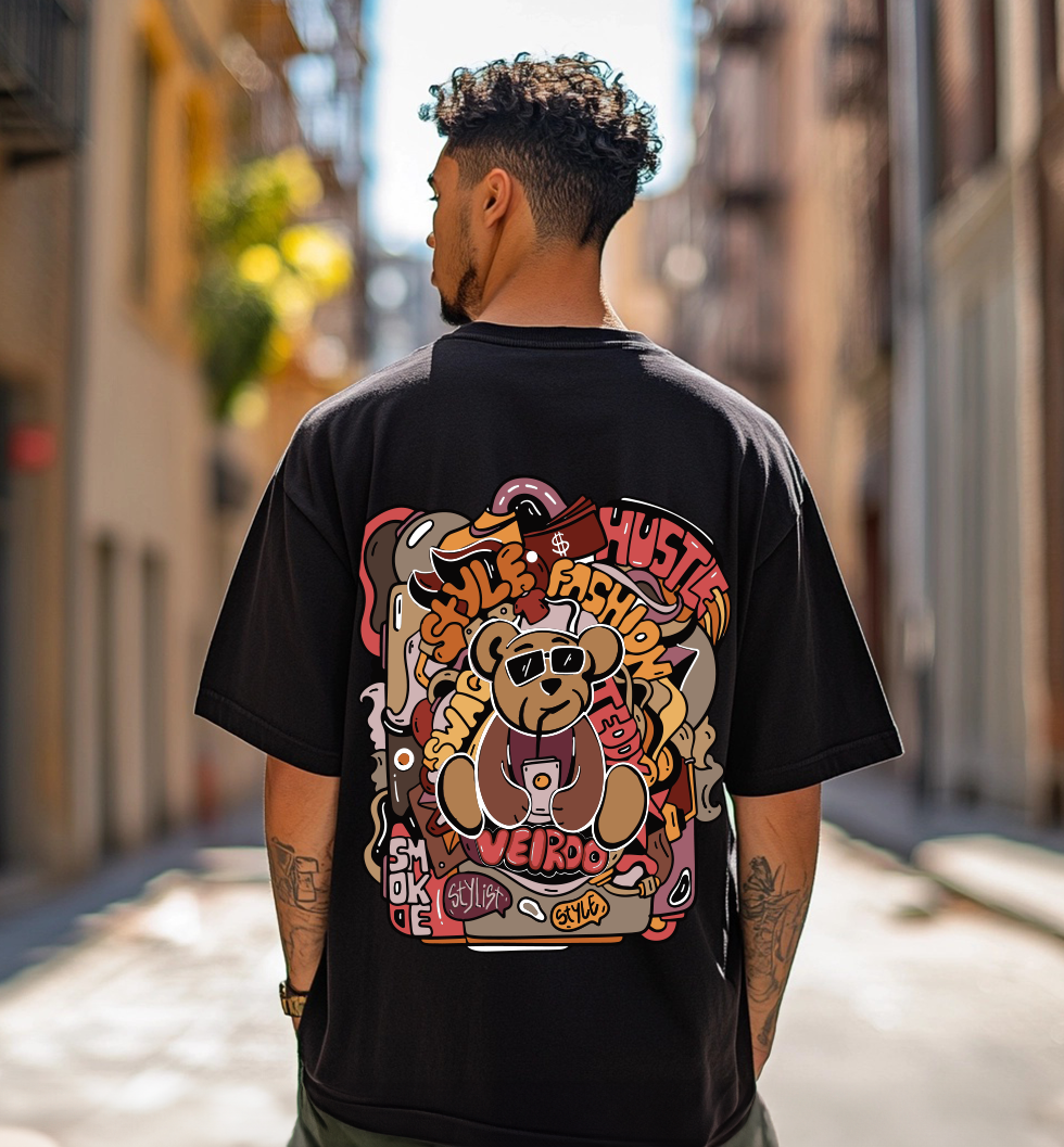 Teddy Black Oversized Back Graphic Printed Tshirt