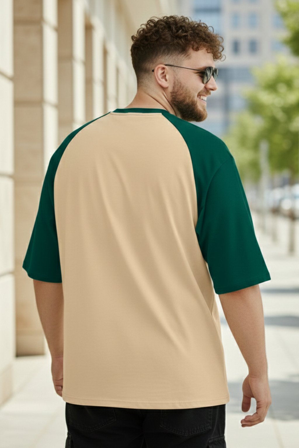 Veirdo Original Beige & Green Raglan Sleeve Graphic Printed Plus Size T-shirt