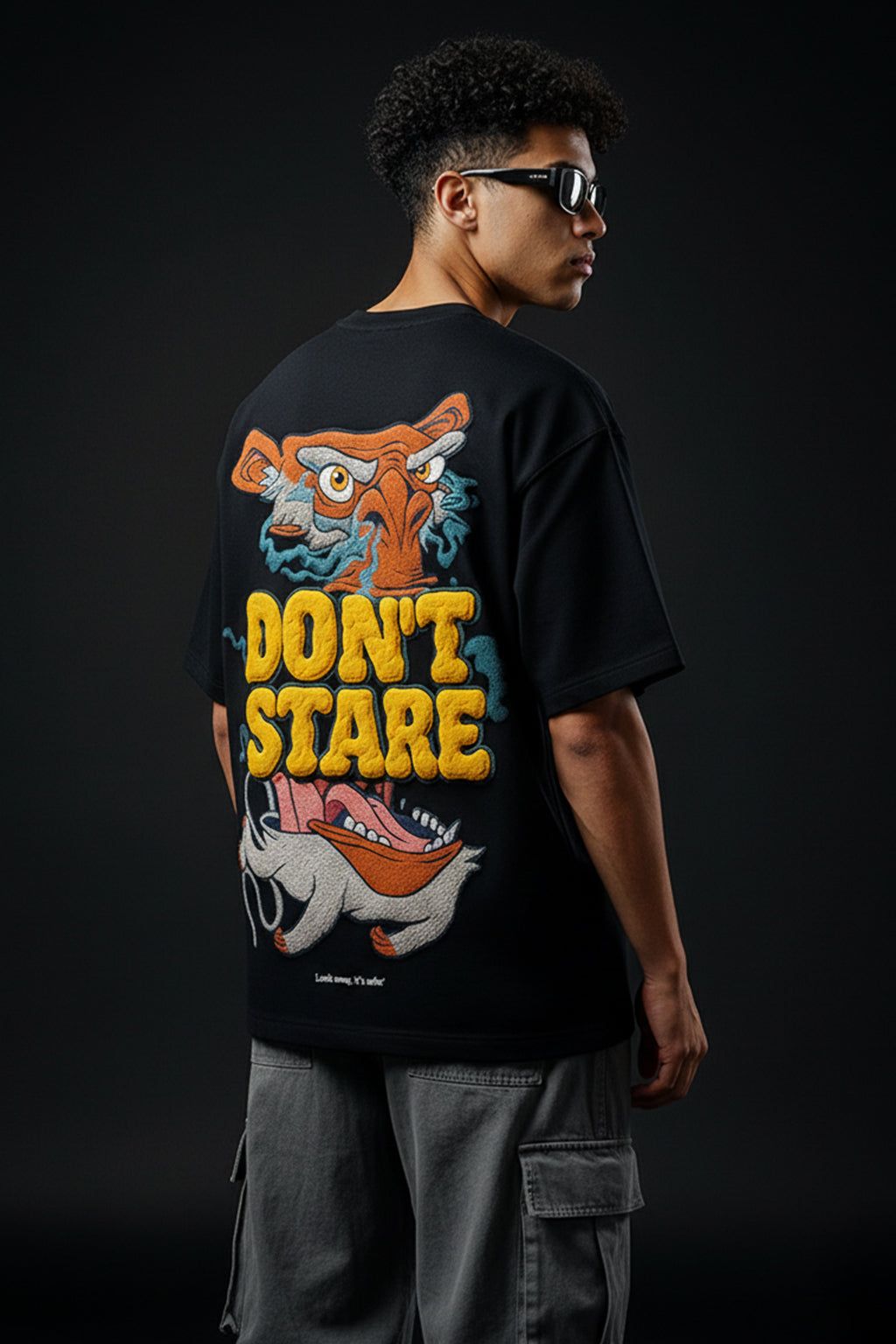 Don't Stare Black Oversized Puff Printed Exclusive T-shirt