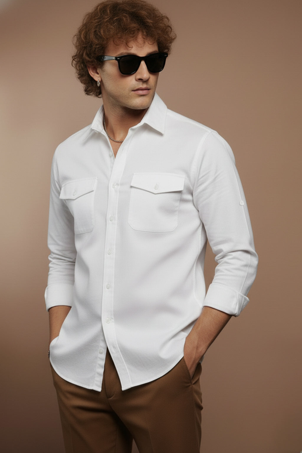 White Plain Relaxed Fit Full Sleeve Dual Pocket Utility Exclusive Shirt