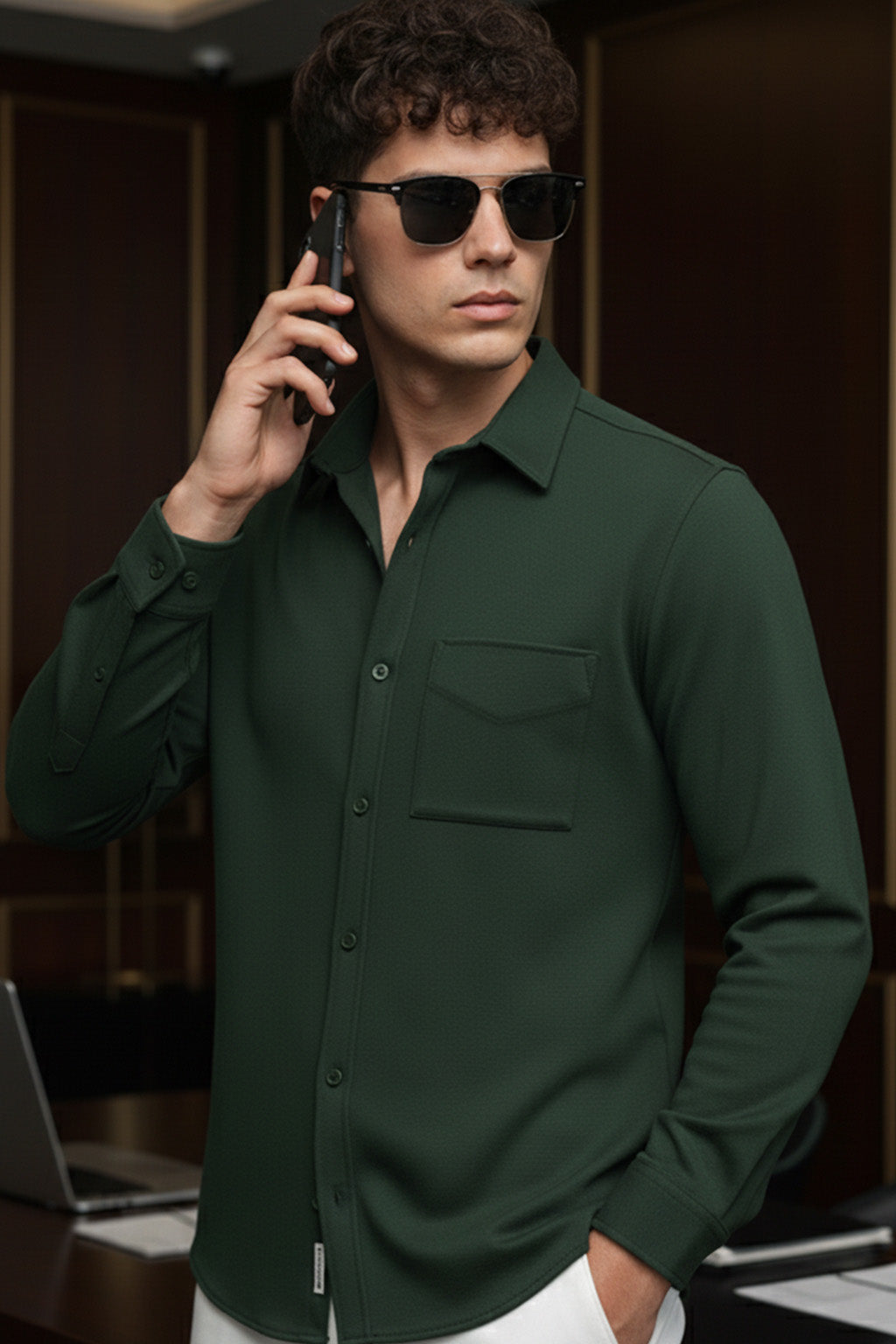 Green Plain Regular Fit Single Pocket Full Sleeve Exclusive Shirt