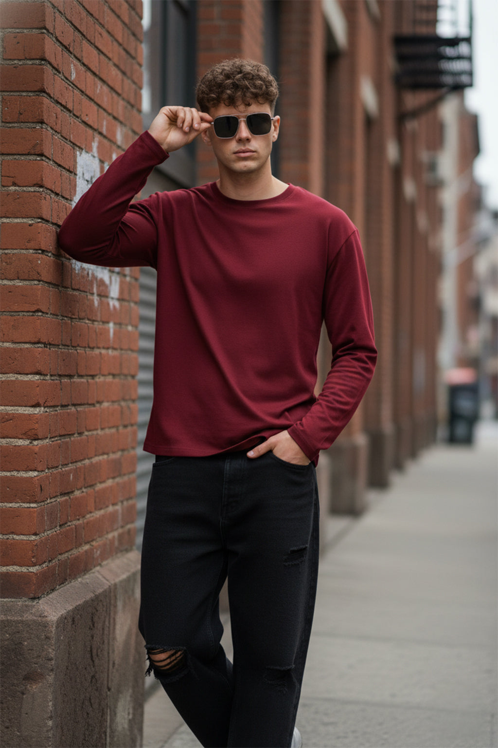 Maroon Plain Full Sleeves Regular Fit T-shirt