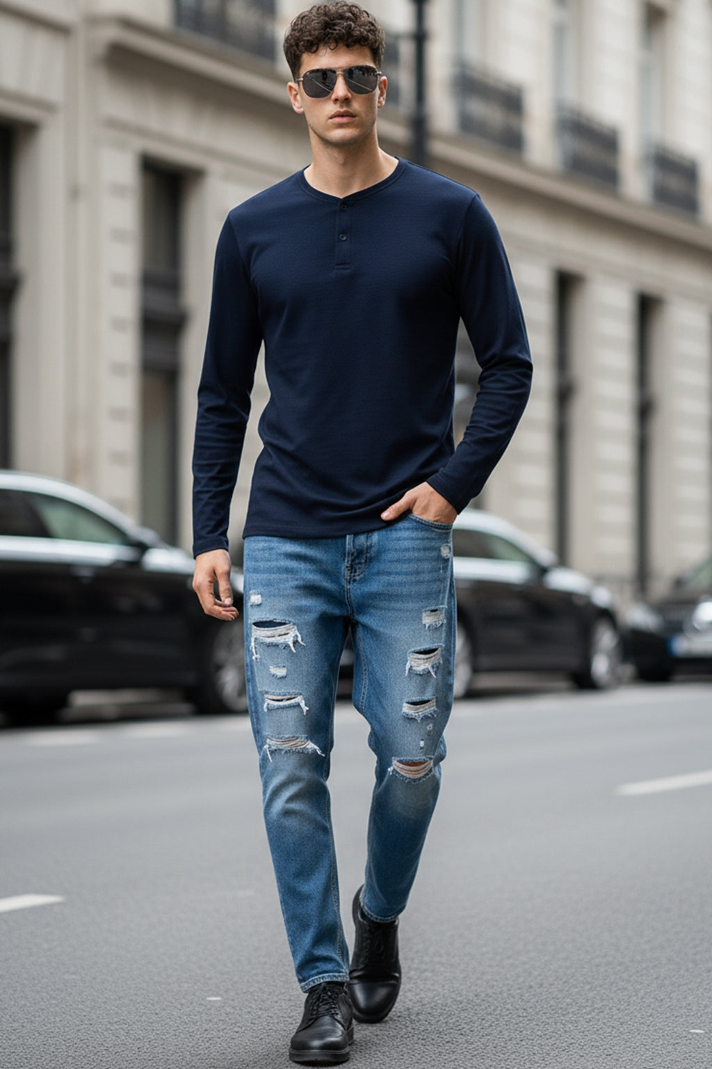 Henley Navy Solid T-shirt