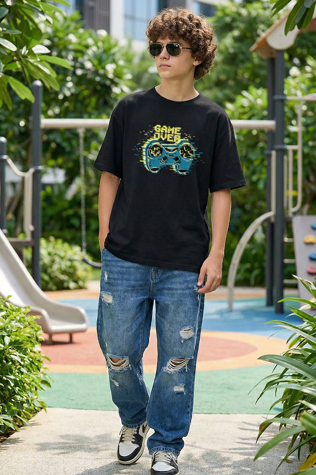 Game Over Black Oversized Graphic Printed Boys T-shirt