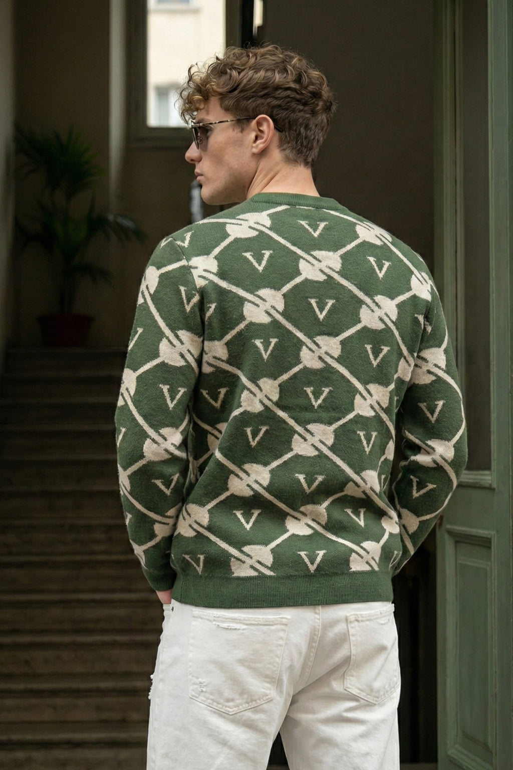 Green Jacquard Printed Regular FIt Sweatshirt
