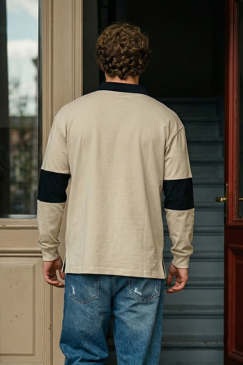 Veirdo Beige & Black Oversized Full Sleeve Exclusive Polo T-shirt