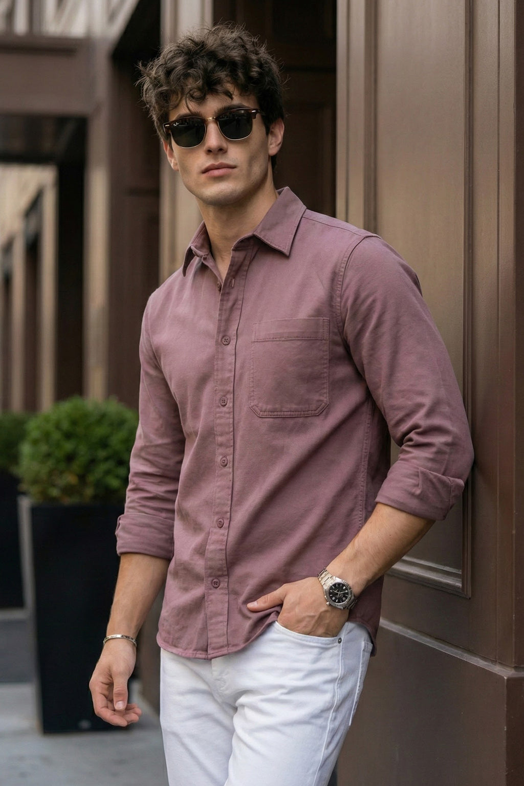 Rose Wood Pink Plain Regular Fit Single Pocket Full Sleeve Exclusive Shirt