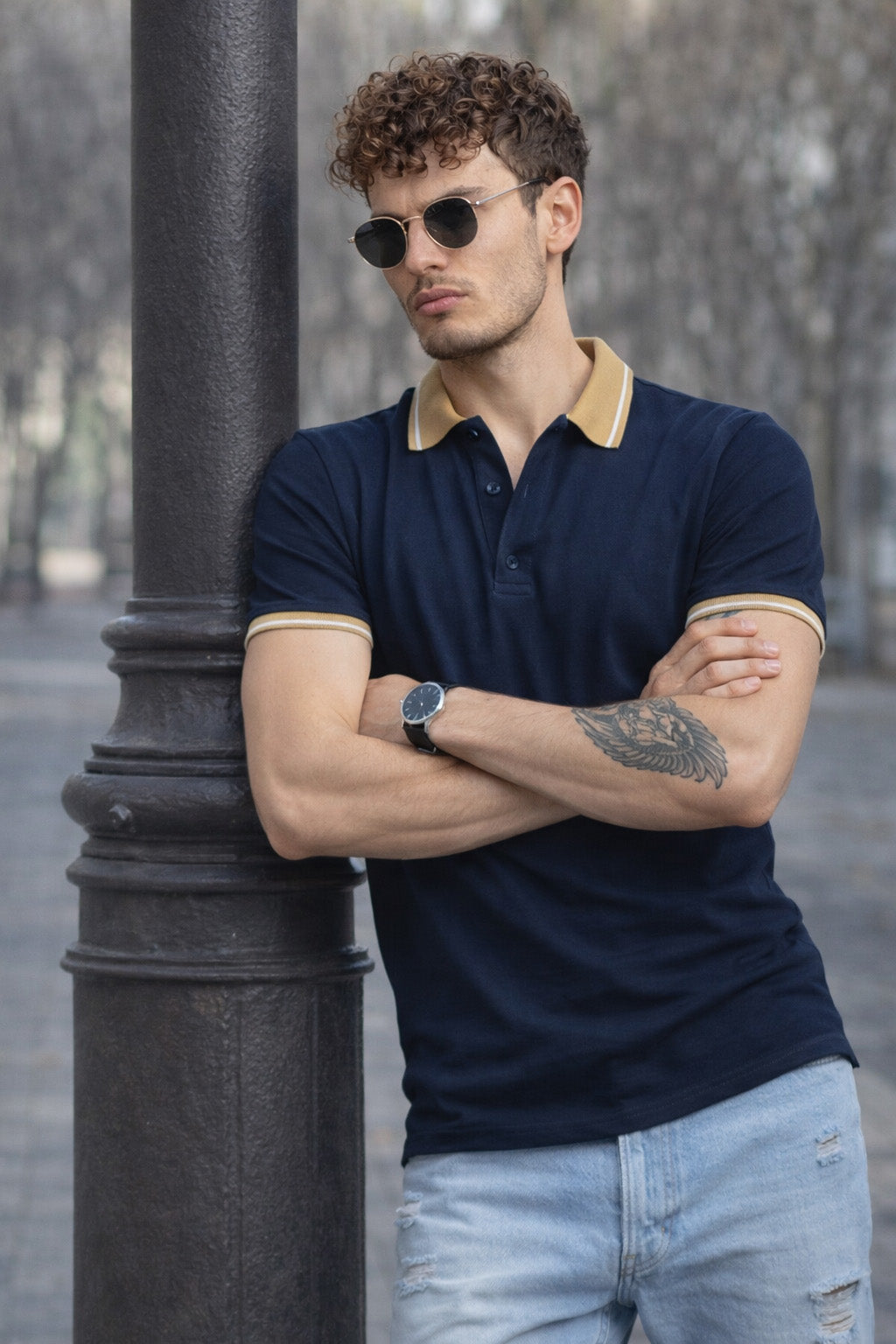 Navy Pique White Stripe Collar Regular Fit Tipping Polo T-shirt