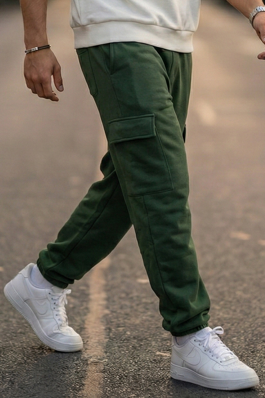 Olive Green Solid Baggy Fit Cargo Joggers