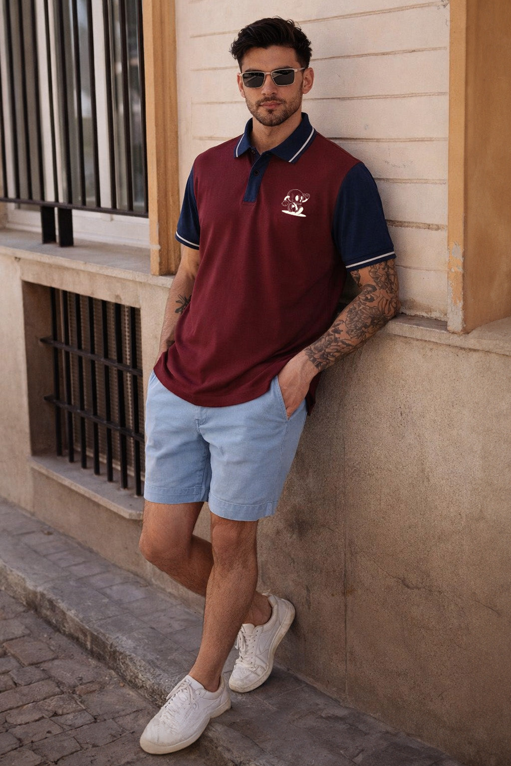 Skull Maroon Contrast Stripped Collar Economic Regular Fit Pique Polo