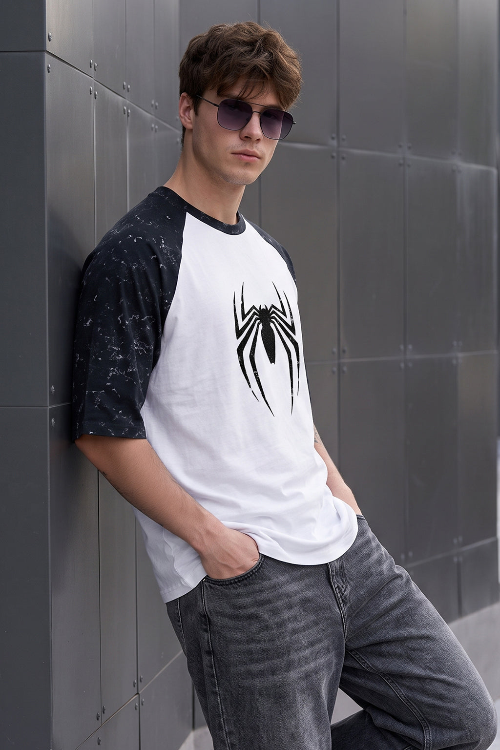 Spider Black Raglan Oversized Printed T-Shirt