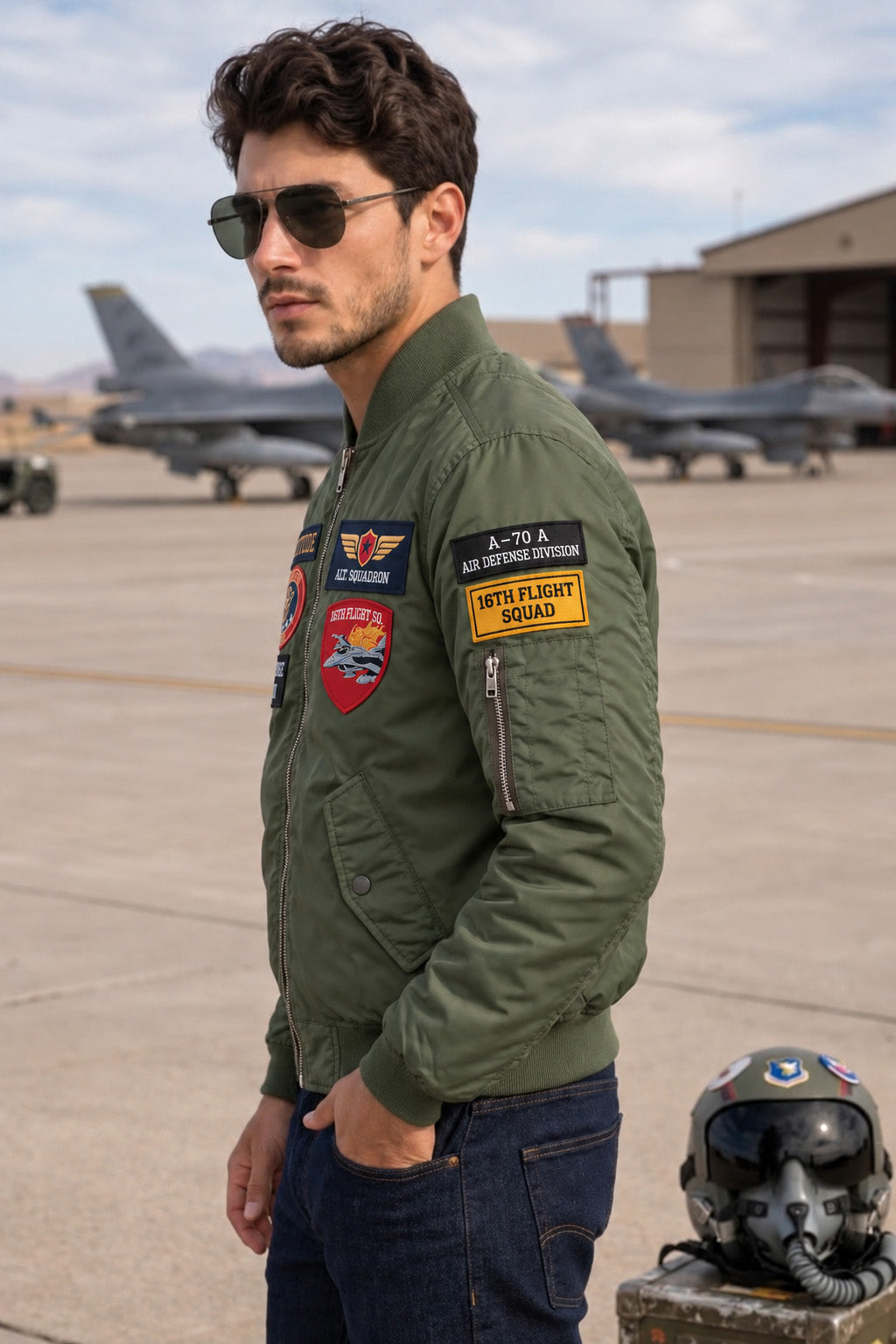Altitude Olive Green Multi-Patch Detailed Full Sleeve Zip-Up Pilot Jacket