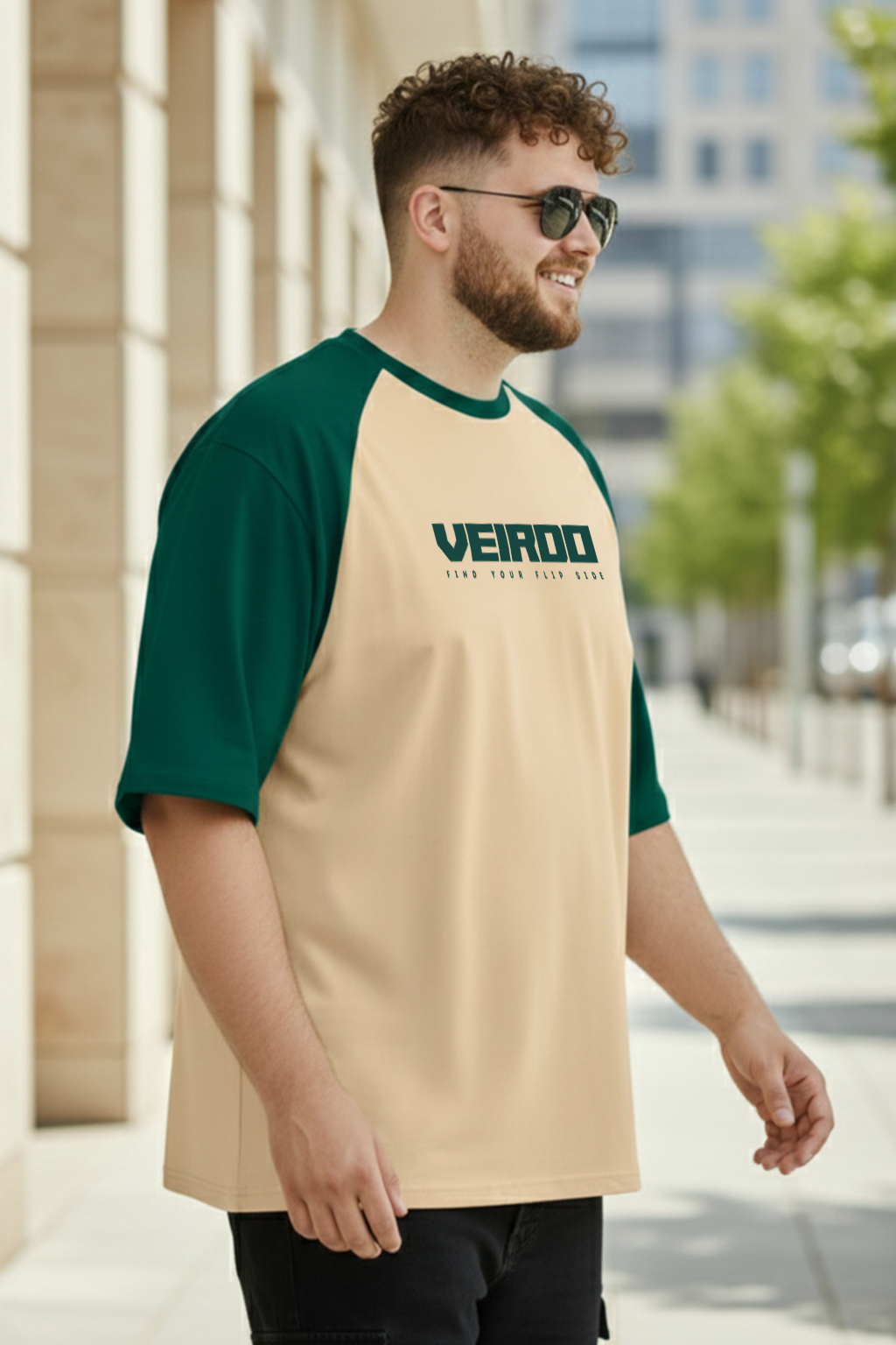Veirdo Original Beige & Green Raglan Sleeve Graphic Printed Plus Size T-shirt