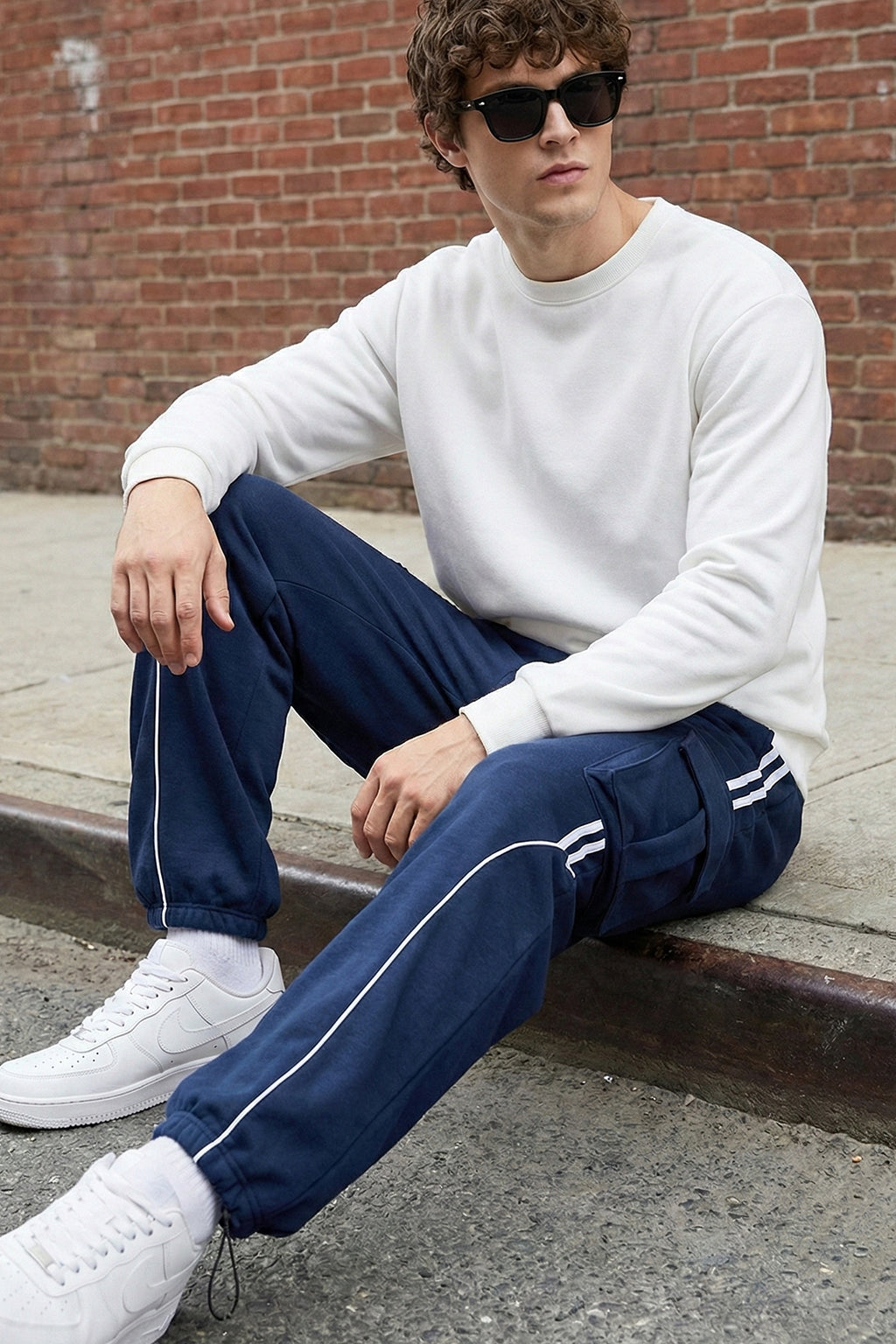 Navy and White Side Stripe Knitted Cargo