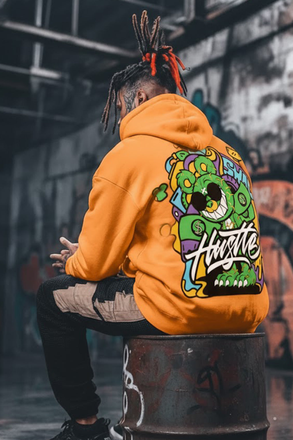 Hustle Orange Oversized Back Graphic Printed Hoodie