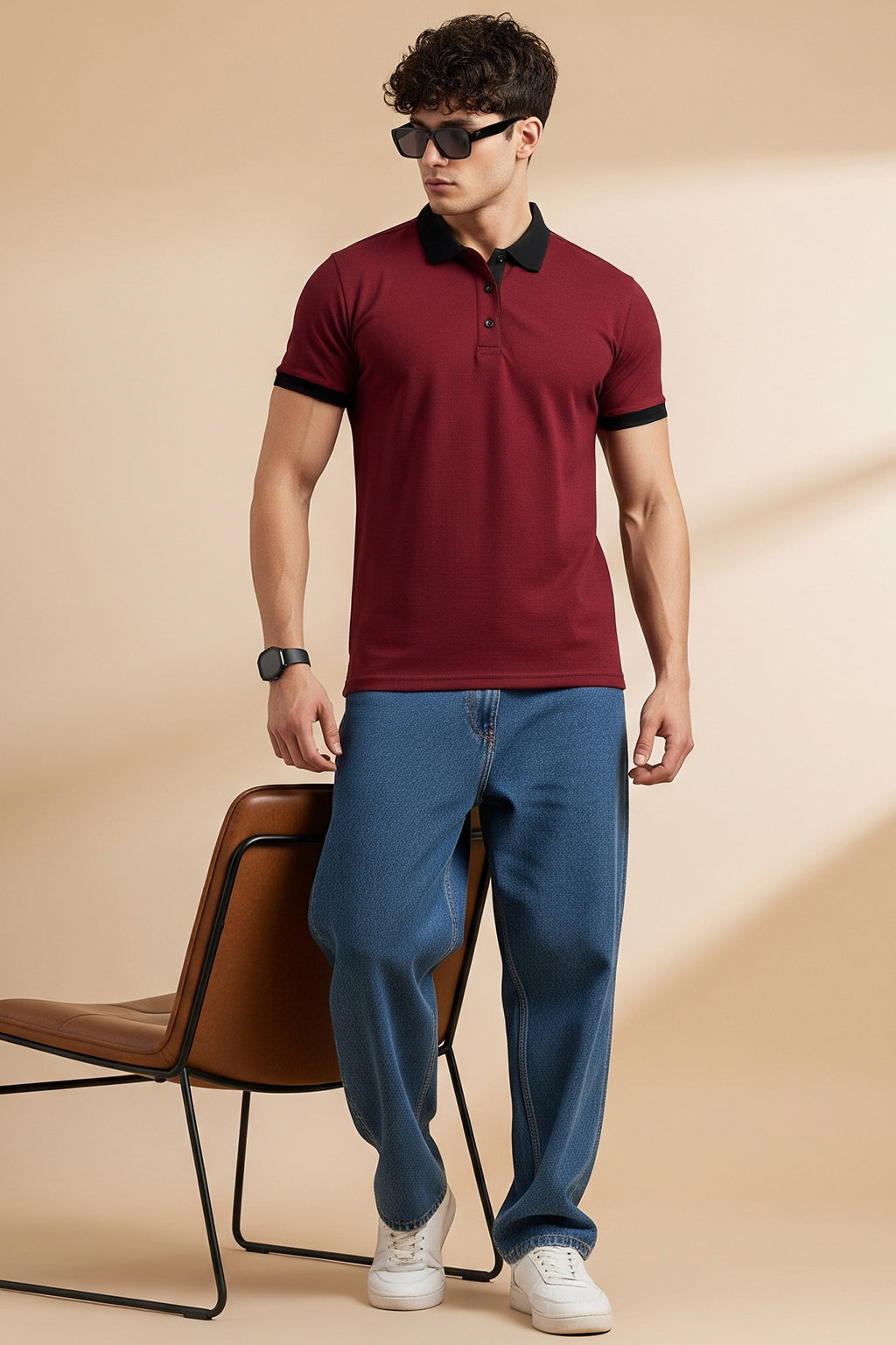 Maroon Black Cotton Regular Fit Polo T-shirt
