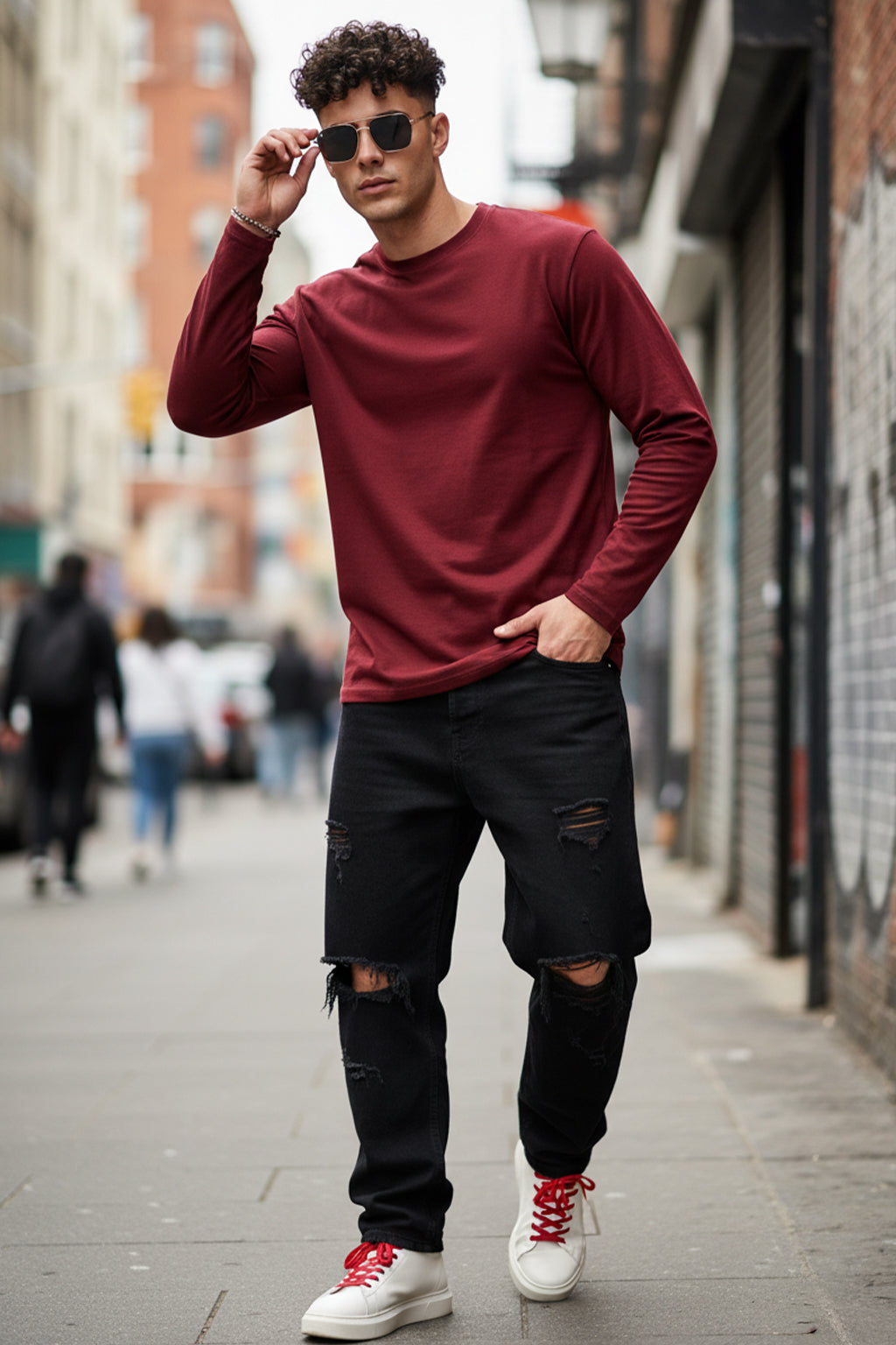 Maroon Plain Full Sleeves Regular Fit T-shirt