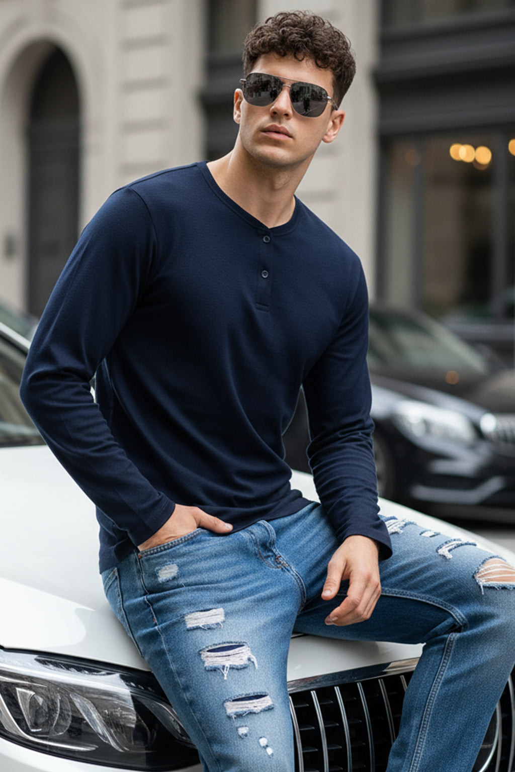Henley Navy Solid T-shirt