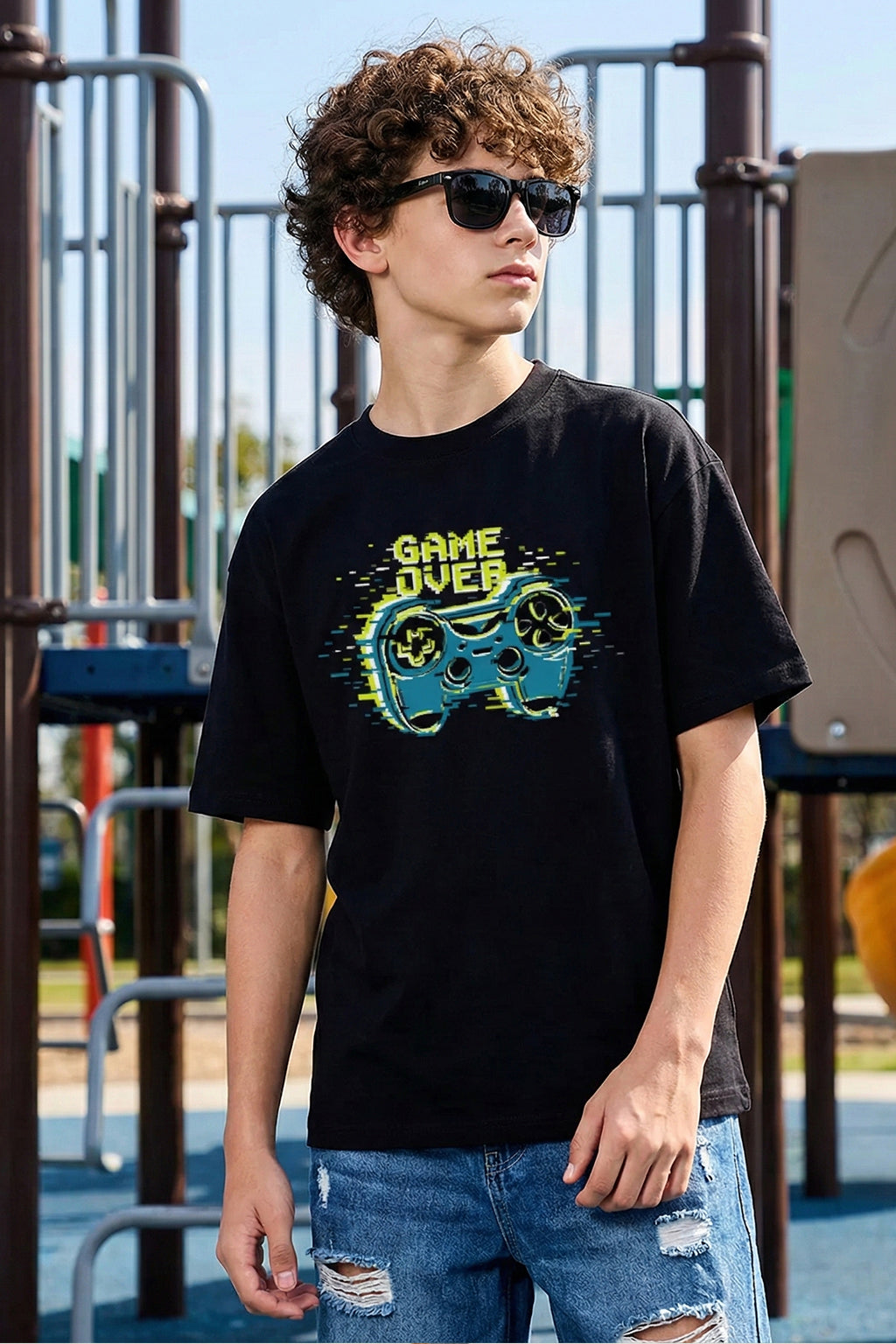 Game Over Black Oversized Graphic Printed Boys T-shirt
