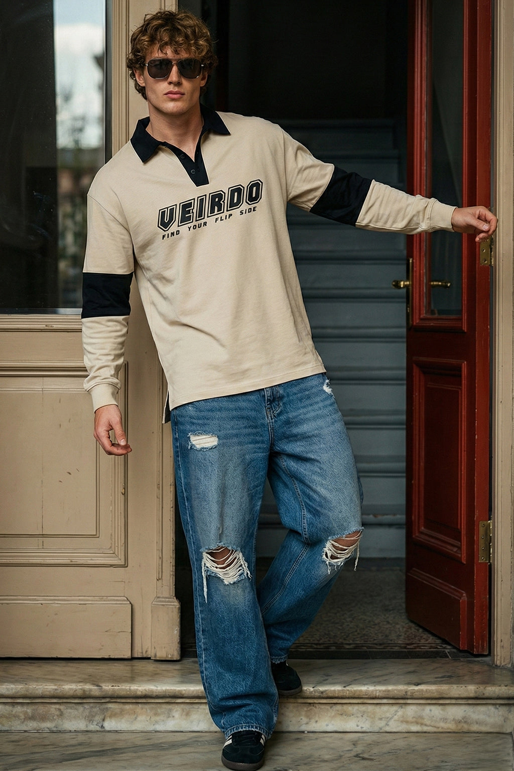 Veirdo Beige & Black Oversized Full Sleeve Exclusive Polo T-shirt