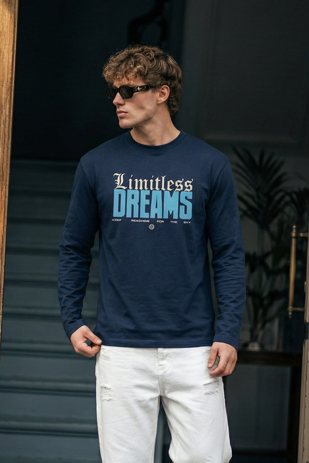 Dreams Navy Full Sleeves Regular Fit Printed T-shirt