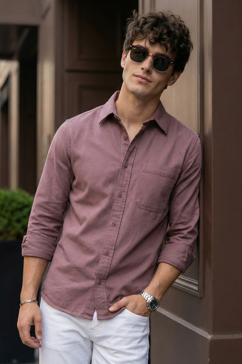 Rose Wood Pink Plain Regular Fit Single Pocket Full Sleeve Exclusive Shirt