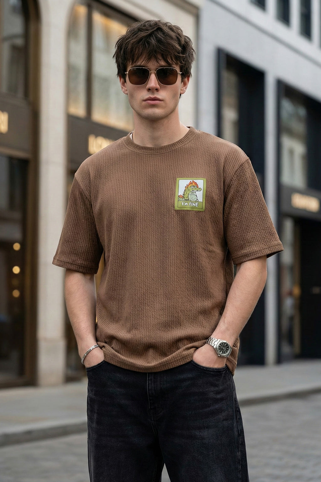 I'm Fine Brown Oversized Textured Exclusive T-shirt