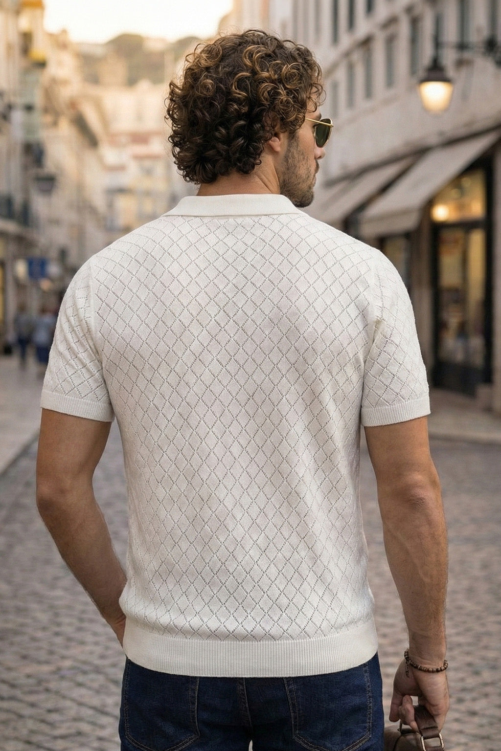 Classic Diamond Weave White Flatknit Textured Loose Fit Exclusive Polo T-Shirt