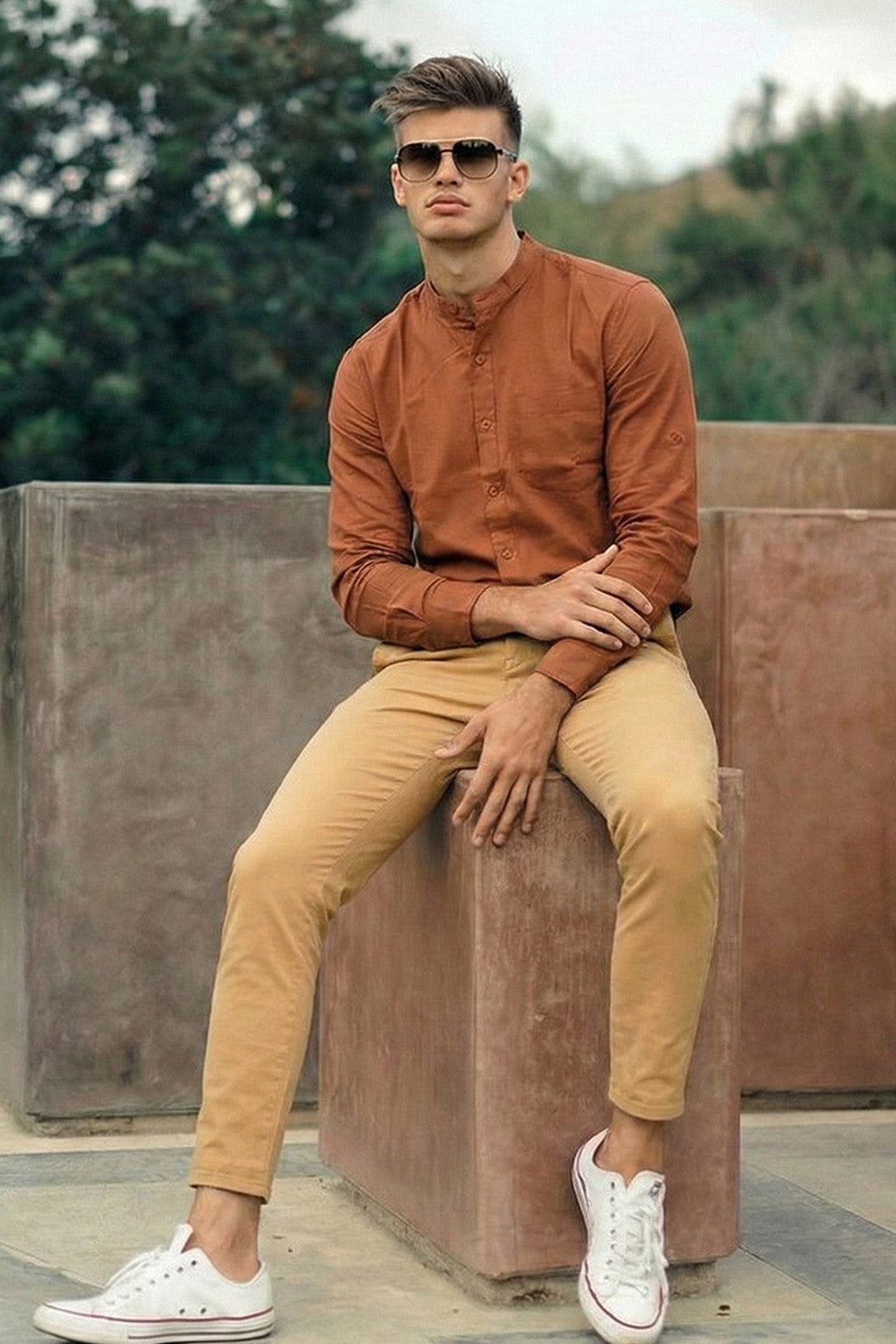 Rust Plain Regular Fit Chinese Collar Full Sleeve Exclusive Shirt