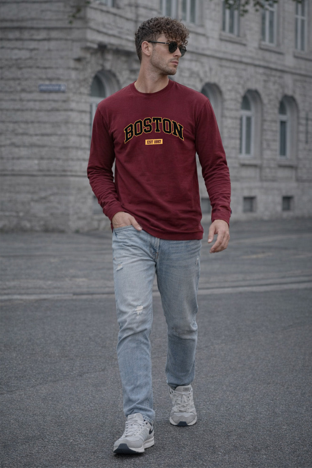 Boston Maroon Full Sleeves Regular Fit Printed T-shirt