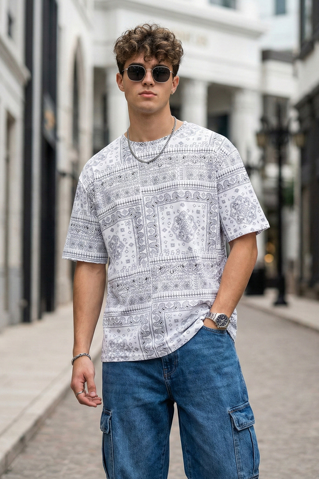 Paisley White Oversized All Over Printed T-shirt