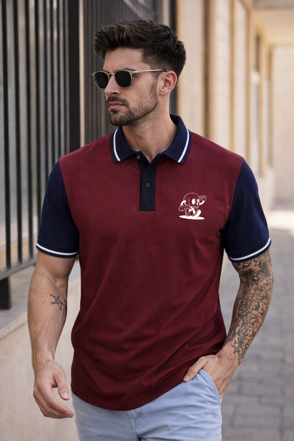 Skull Maroon Contrast Stripped Collar Economic Regular Fit Pique Polo