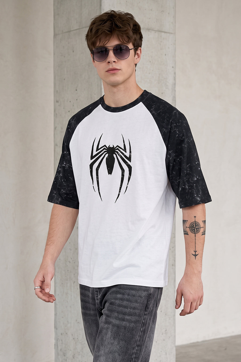 Spider Black Raglan Oversized Printed T-Shirt