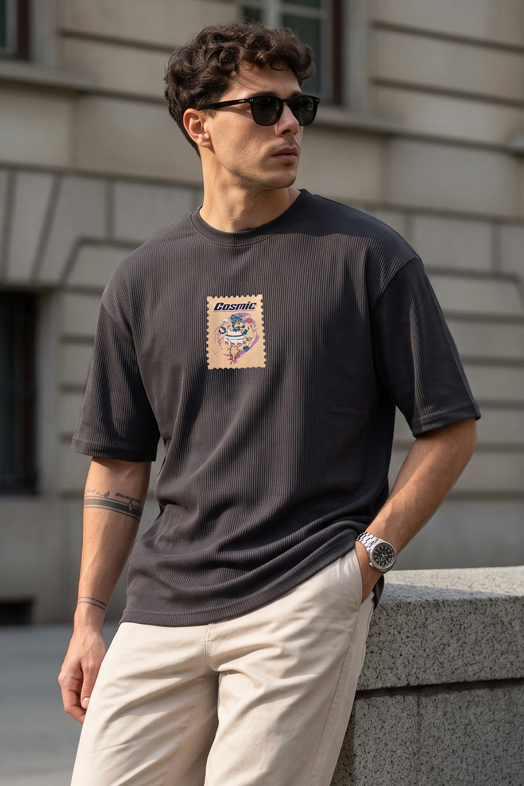 Cosmic Dark Grey Oversized Textured T-shirt