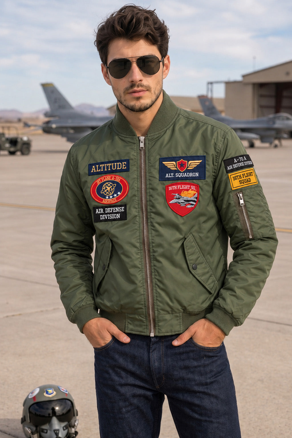 Altitude Olive Green Multi-Patch Detailed Full Sleeve Zip-Up Pilot Jacket
