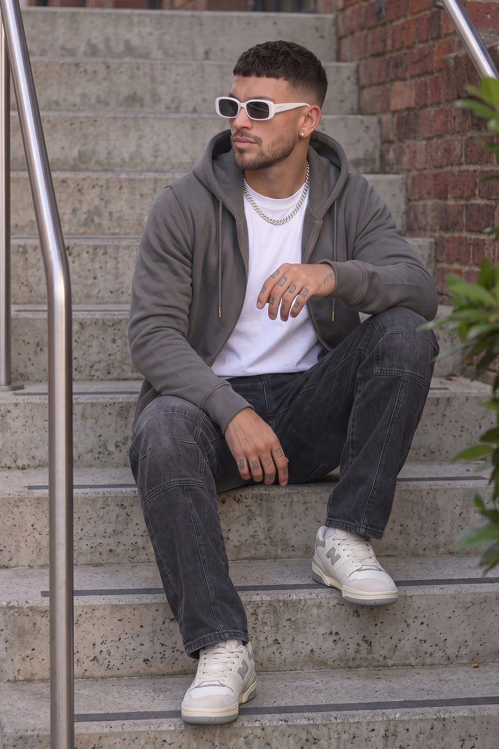 Grey Ribbed Cuff Regular Fit Zip-Up Hoodie