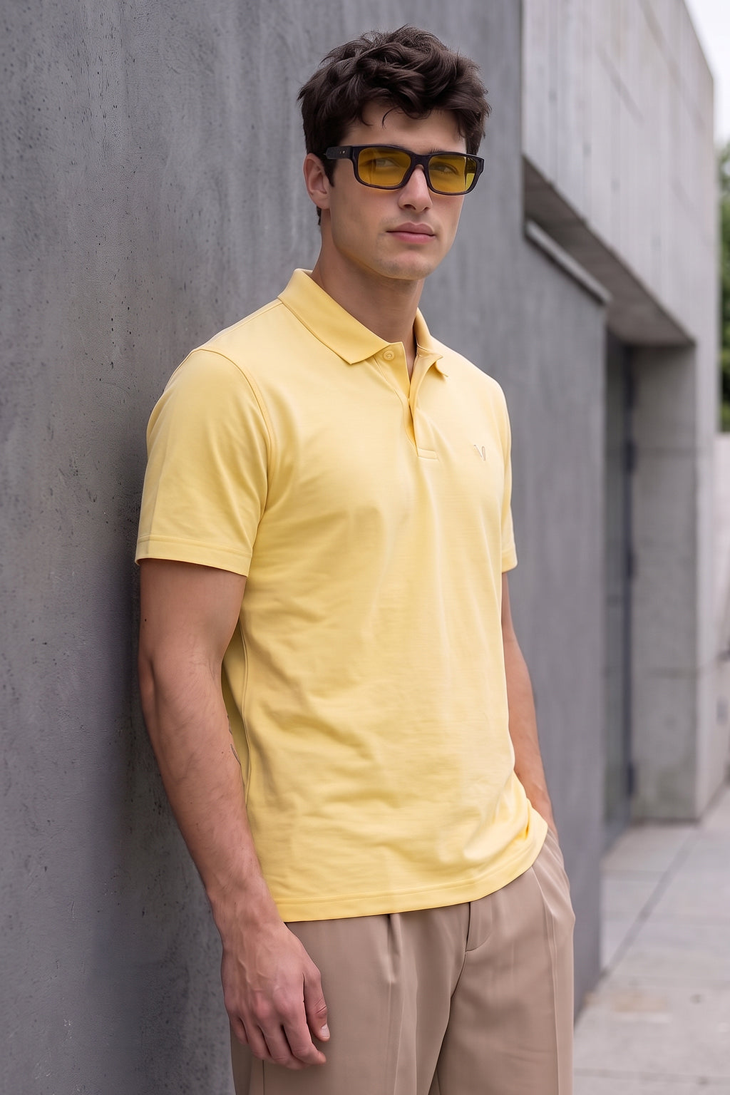 Yellow Interlock Plain Regular Fit Button Polo T-shirt