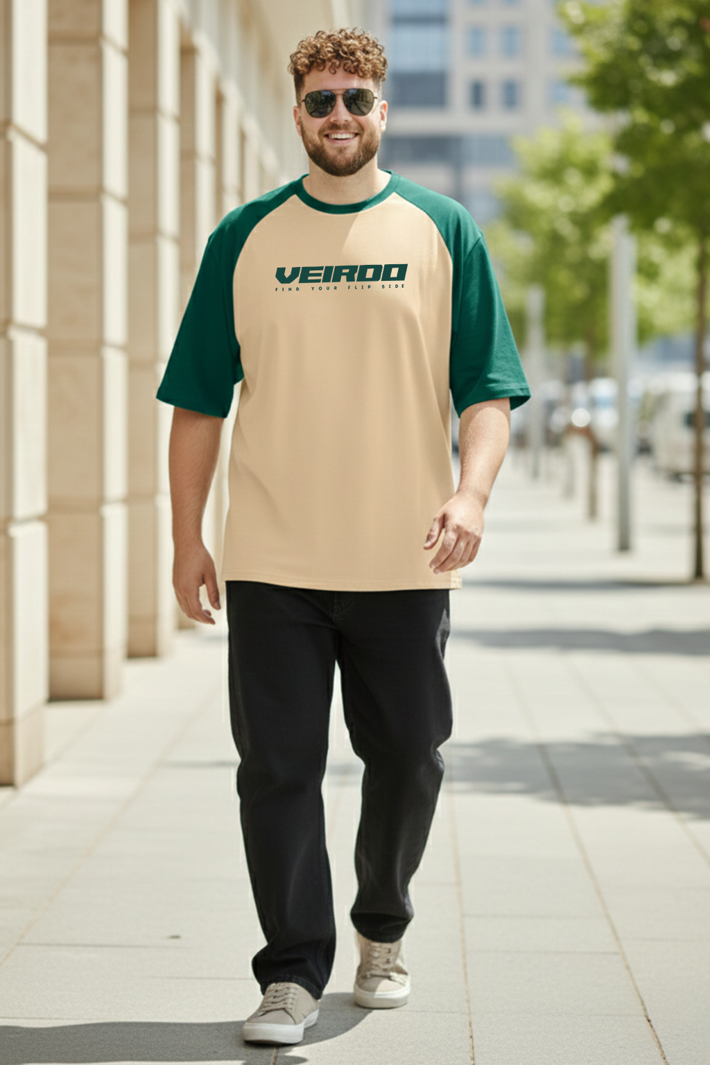 Veirdo Original Beige & Green Raglan Sleeve Graphic Printed Plus Size T-shirt