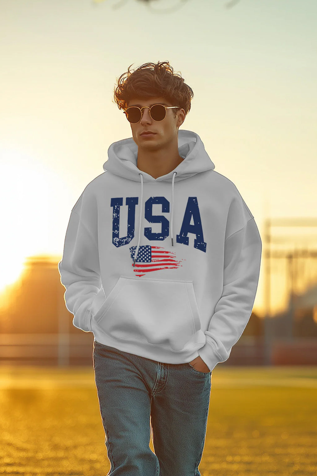 USA White Front Graphic Printed Oversized Hoodie
