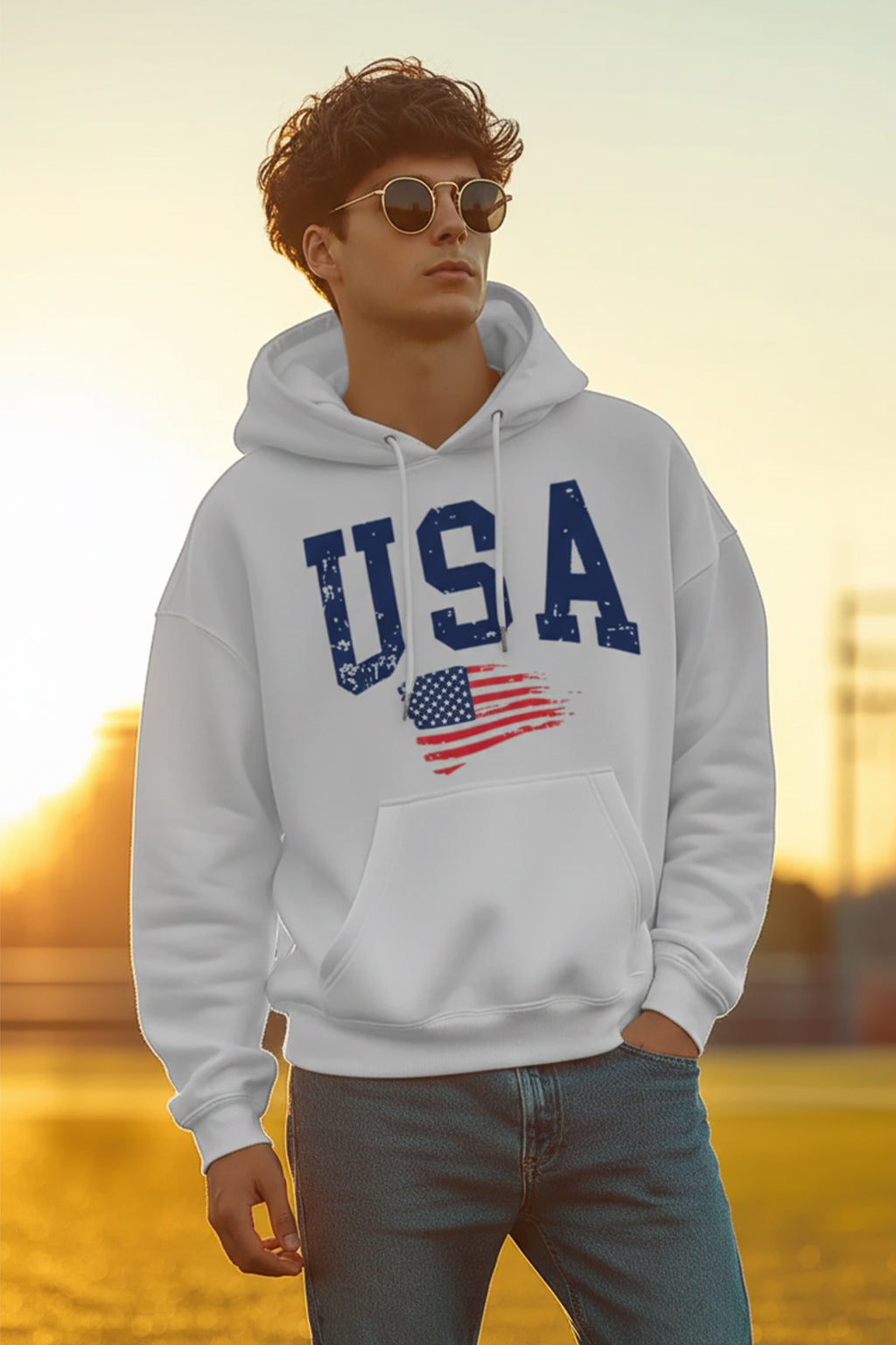 USA White Front Graphic Printed Oversized Hoodie