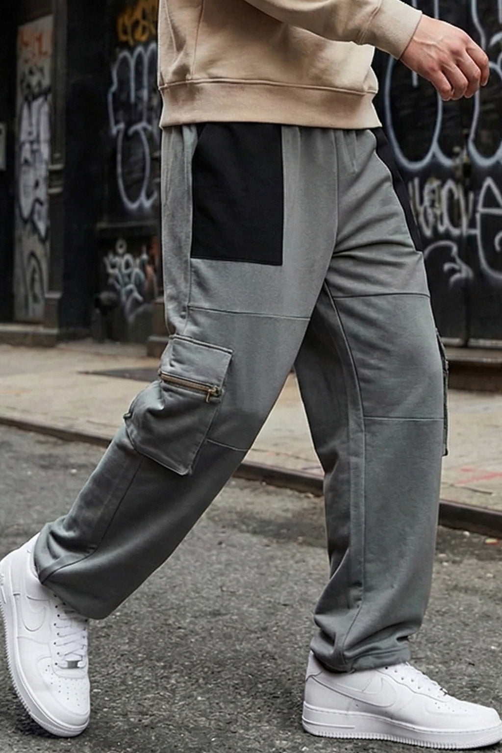 Grey and Black Zipper Detail Knitted Cargo