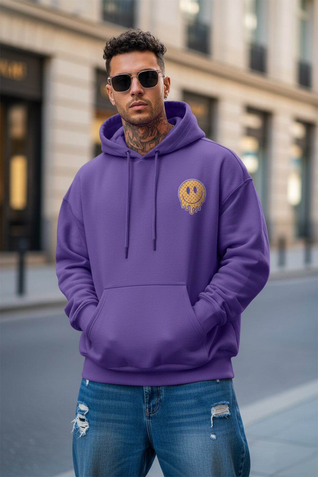 Smile Purple Oversized Pocket Graphic Printed Hoodie