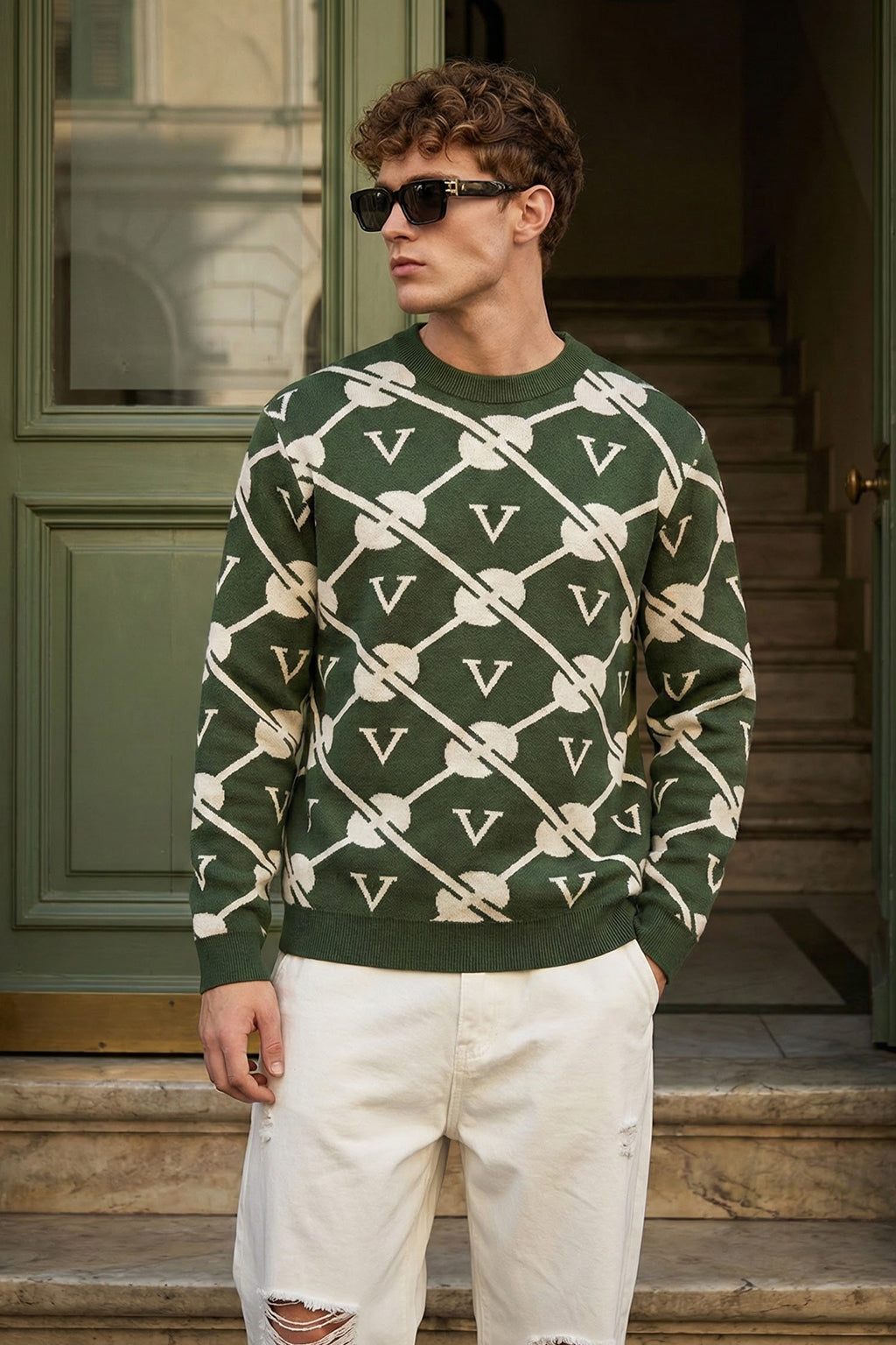Green Jacquard Printed Regular FIt Sweatshirt