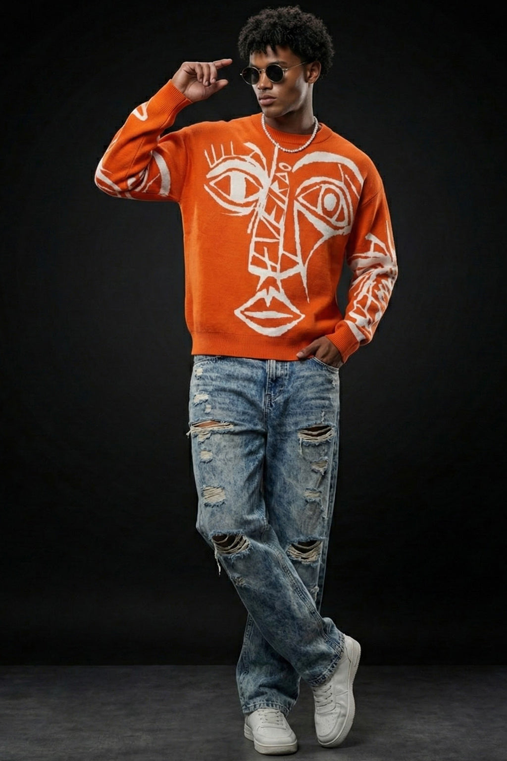 Veirdo Orange Flat knit Printed Regular Fit Sweatshirt