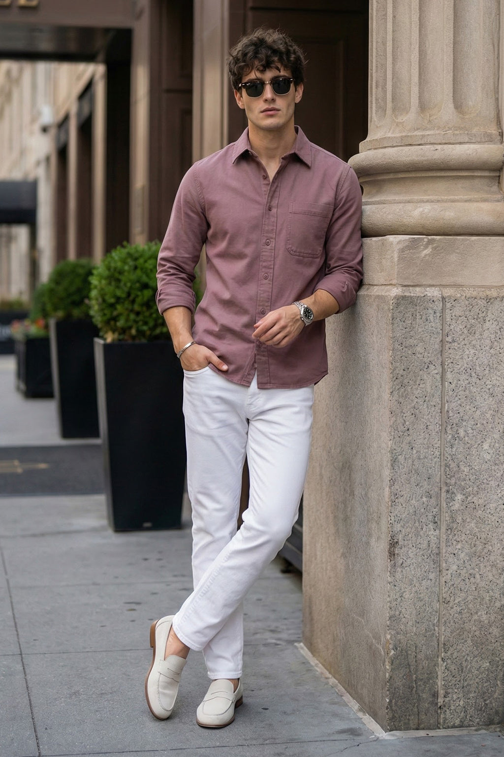 Rose Wood Pink Plain Regular Fit Single Pocket Full Sleeve Exclusive Shirt