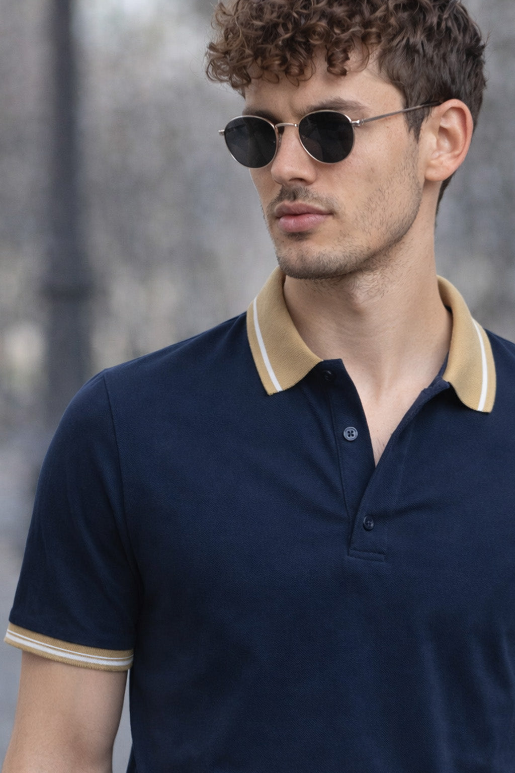 Navy Pique White Stripe Collar Regular Fit Tipping Polo T-shirt