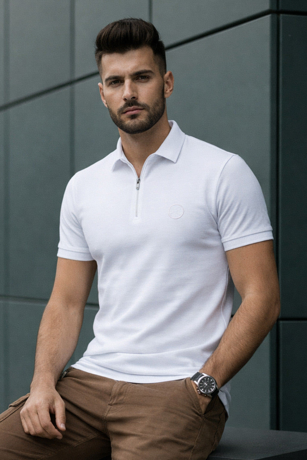 White Interlock Plain Regular Fit Zipper Polo T-shirt