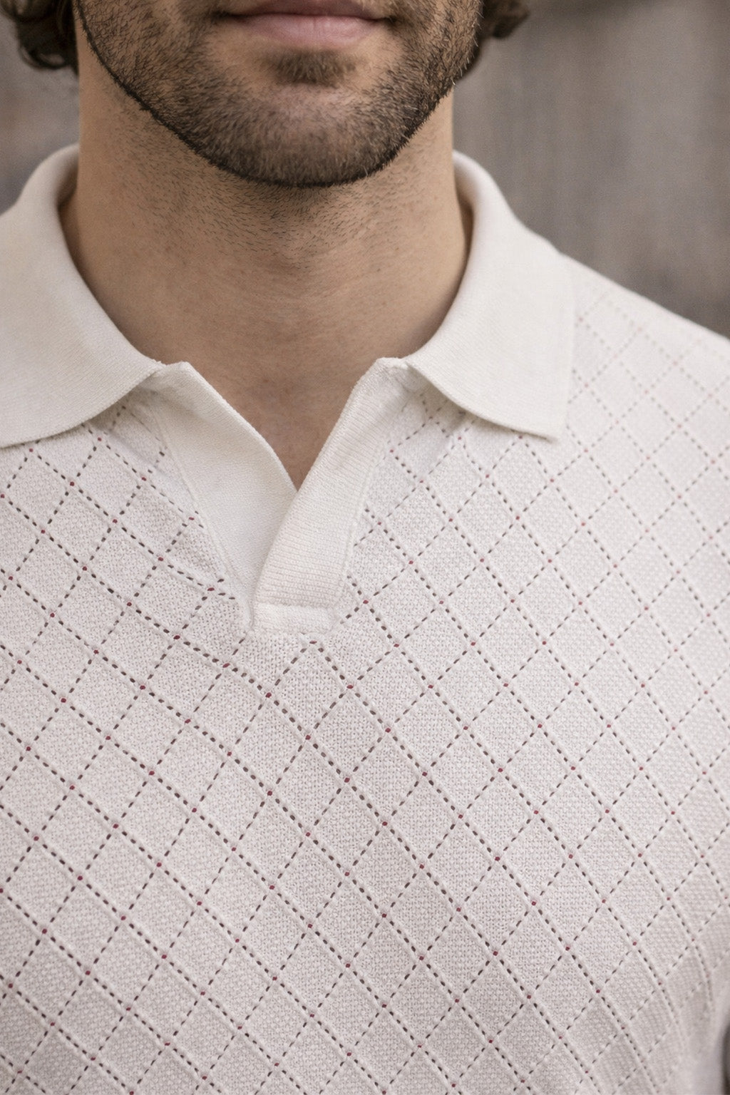 Classic Diamond Weave White Flatknit Textured Loose Fit Exclusive Polo T-Shirt